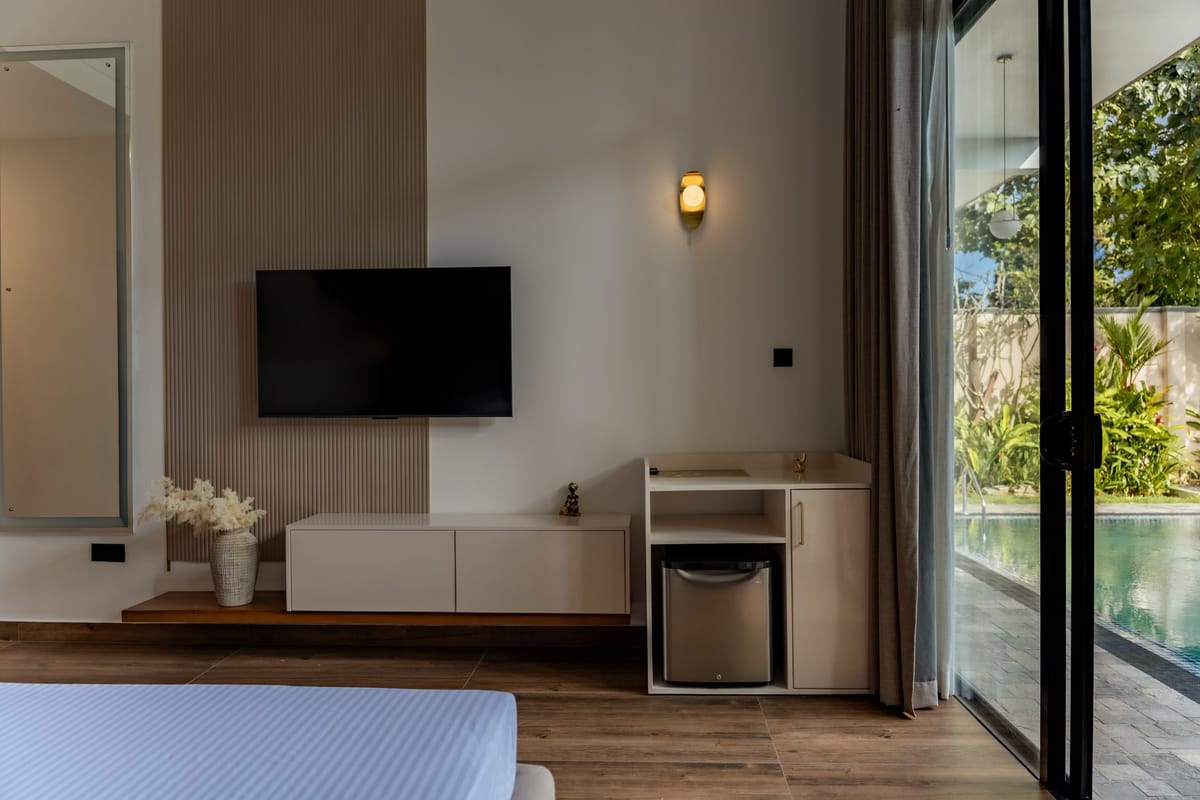 Pool View Room 1, sliding window opening onto the pool