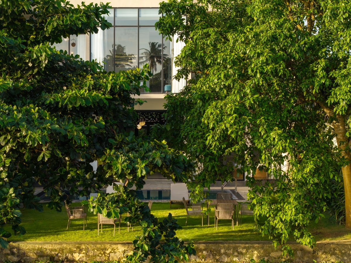 The hotel among the garden’s tall trees